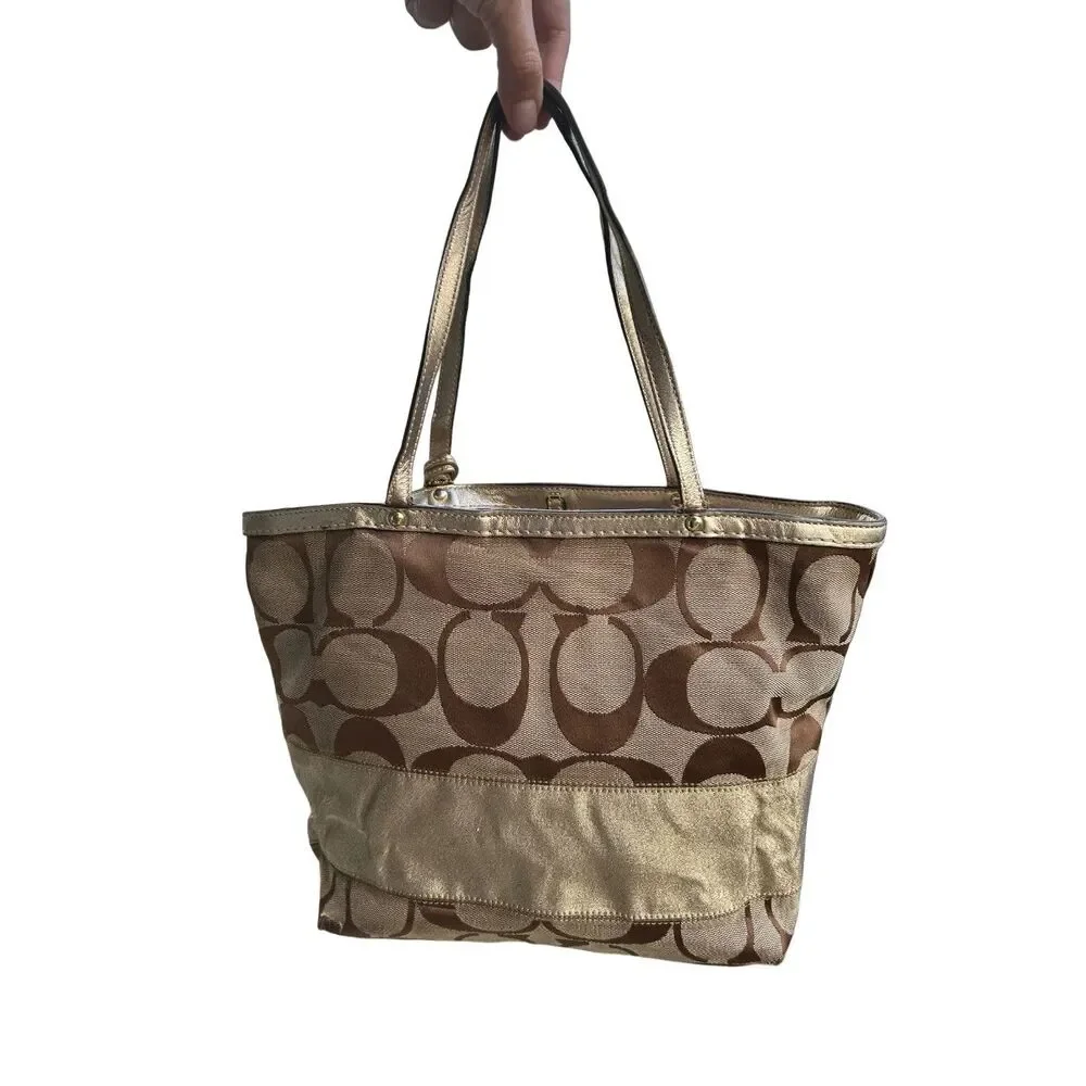Coach Signature Stripe Tote Khaki Gold Canvas Shoulder bag